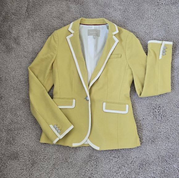 Banana Republic Mustard Yellow Ivory Tipped Blazer One Button Size 8 Preppy - Picture 9 of 16